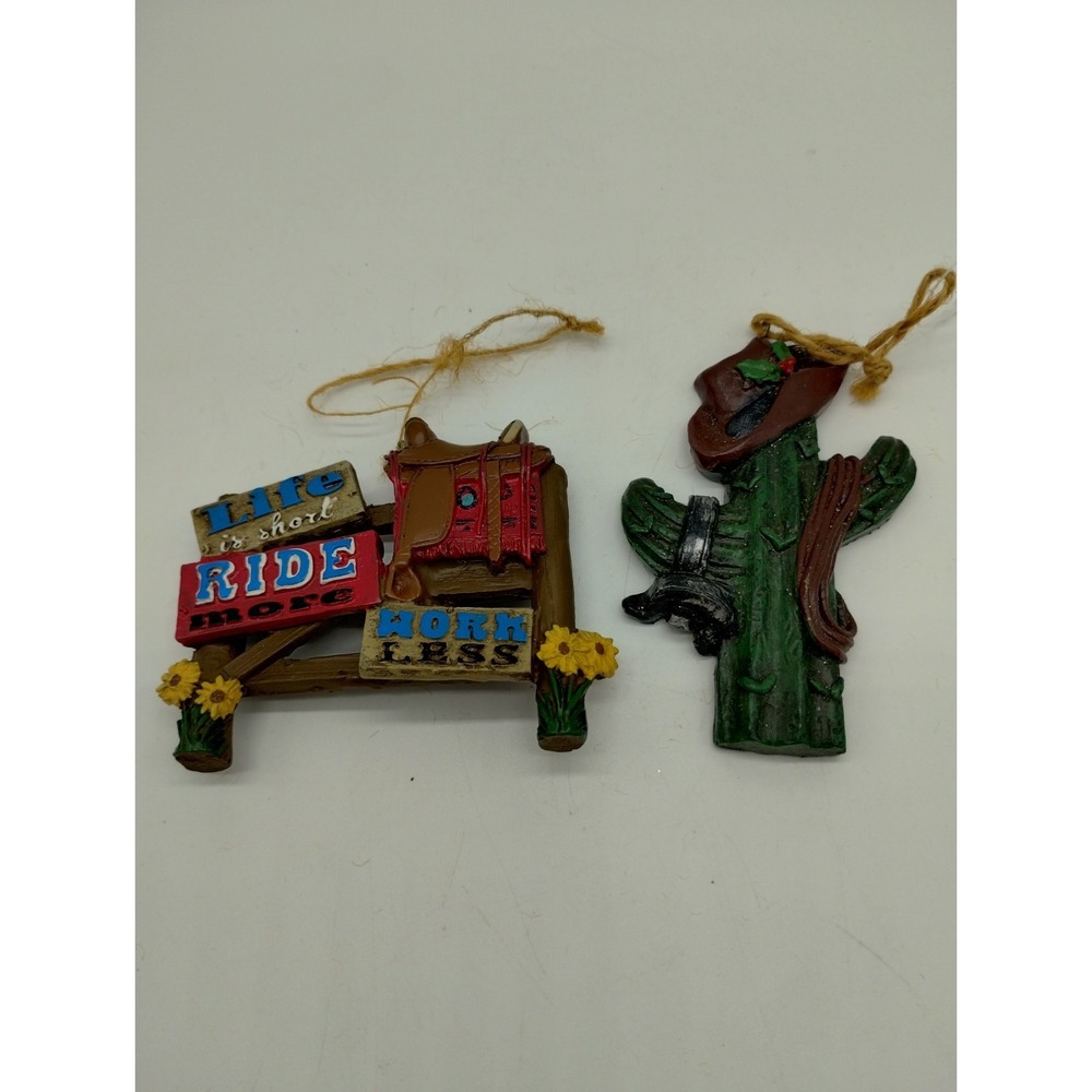 Set Of Two South Western Christmas Ornaments Resin Cactus Saddle Ride More Work